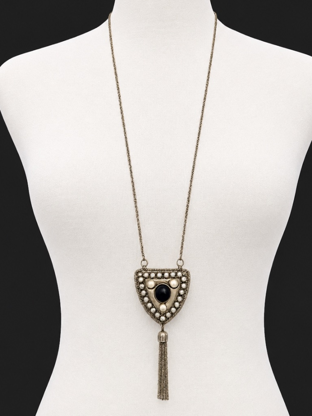 Vintage-Inspired Tassel Pendant Necklace | Blue Stone & Faux Pearl Statement